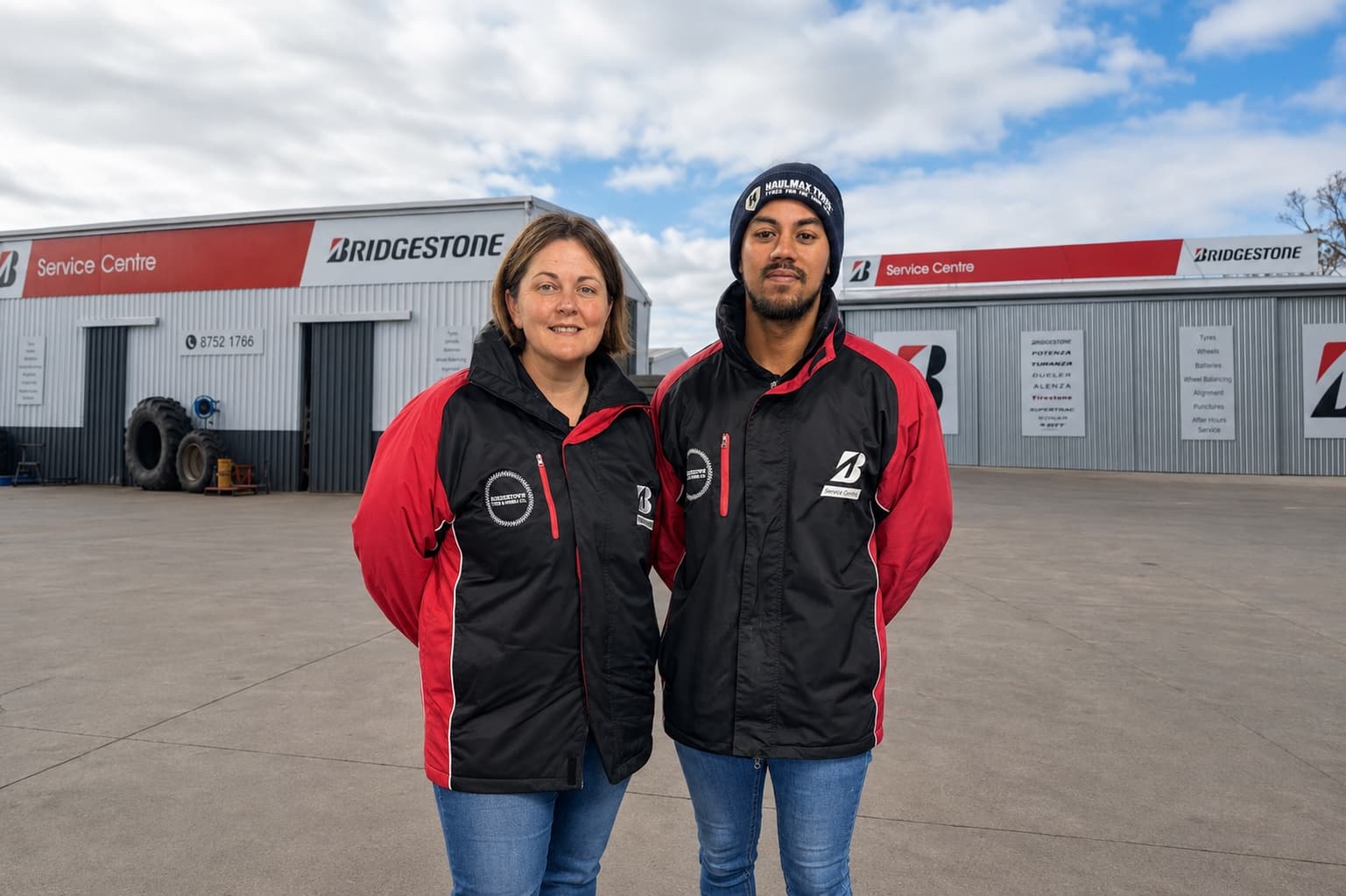 Tiffany and Jazz from Bordertown Tyre and Wheel Co. outside their Bridgestone Service Centre on Merrett Road